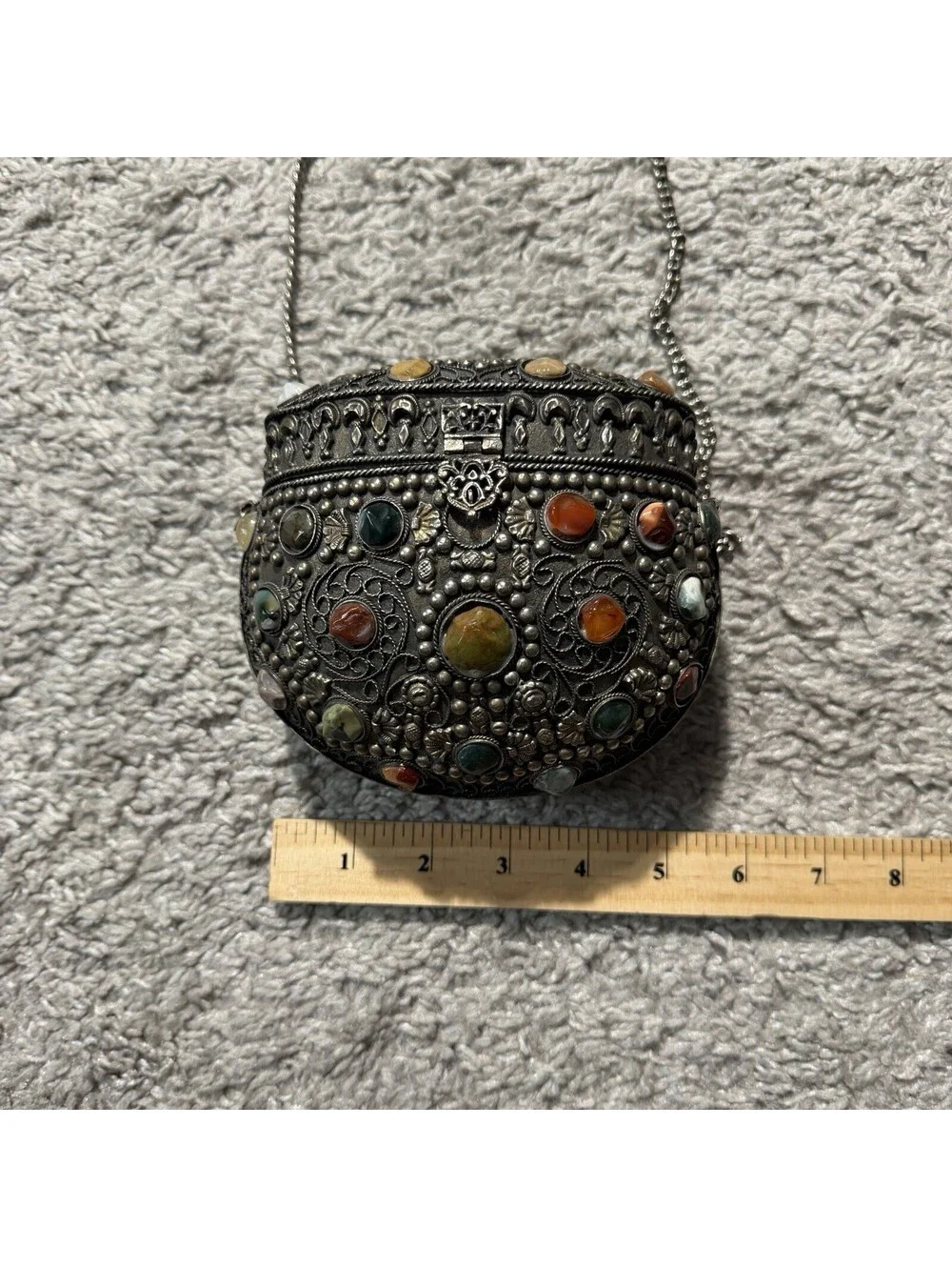 Vintage Sajai Metal Crossbody Purse with Natural Agate Stones Chain Strap